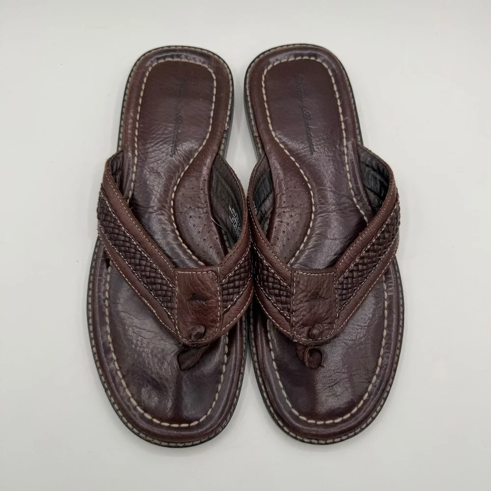 Tommy Bahama Anchors Away Mens Sz 11 D Brown Leather Woven Flip Flop Sandals